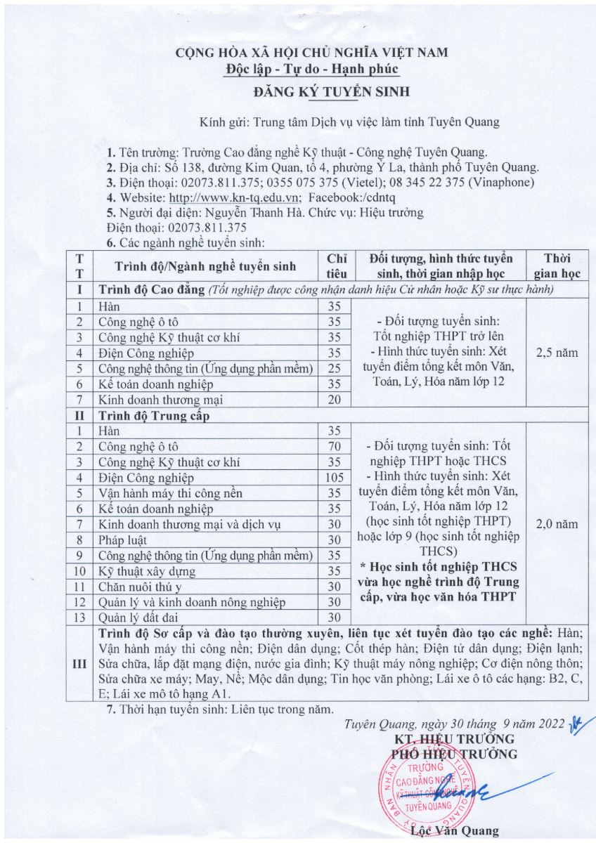 Thông báo nhu cầu tuyển sinh của trường Cao đẳng nghề - kỹ thuật công nghệ Tuyên Quang