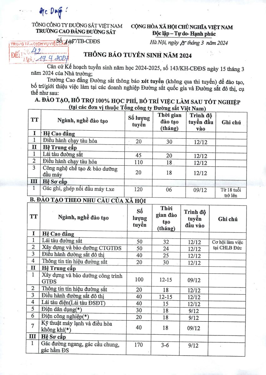 Thông báo tuyển sinh của trường Cao đẳng đường sắt