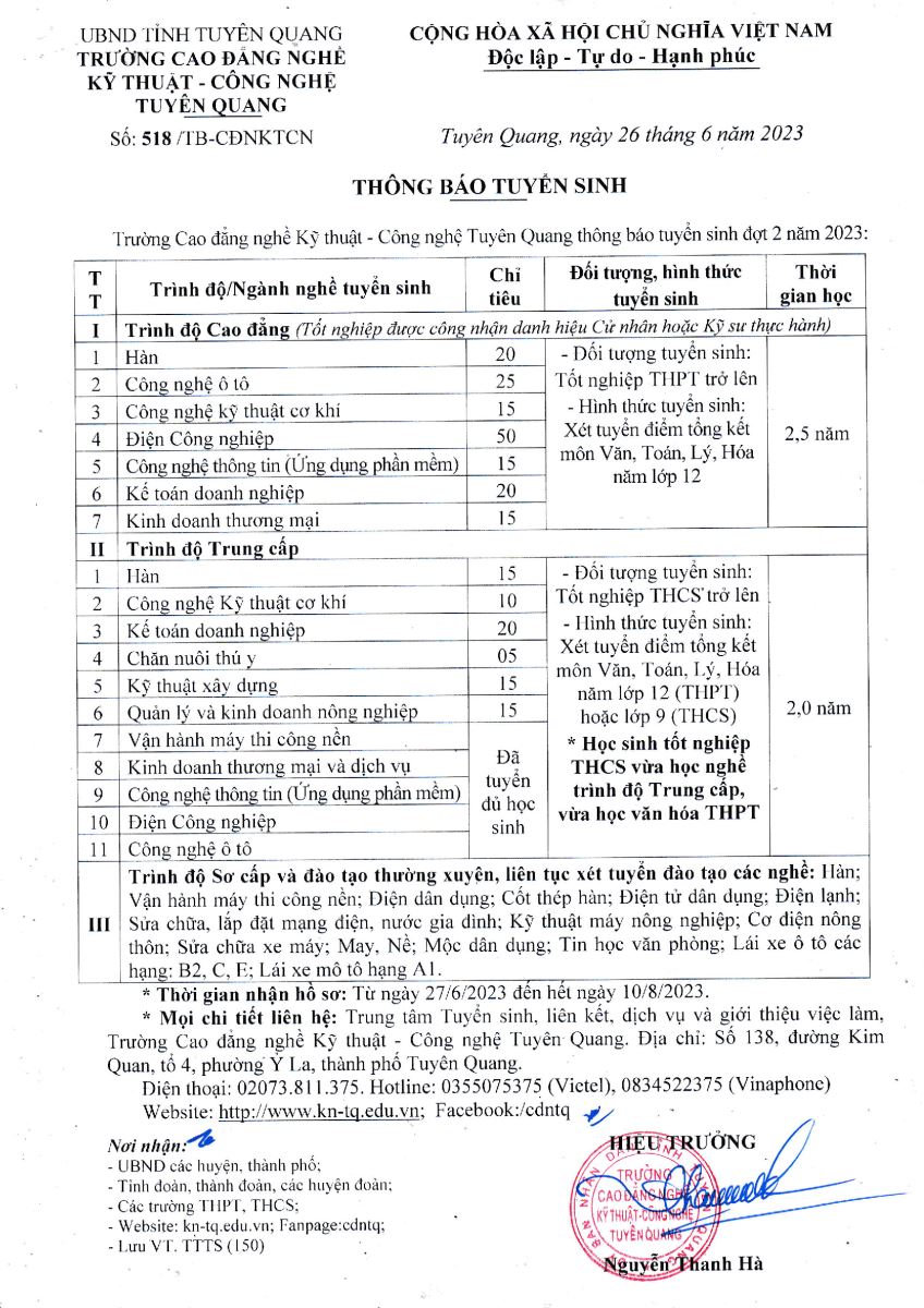 Thông báo tuyển sinh của trường Cao đẳng nghề kỹ thuật - công nghệ Tuyên Quang