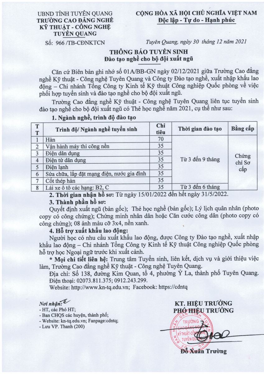 Thông báo tuyển sinh, đào tạo nghề cho bộ đội xuất ngũ