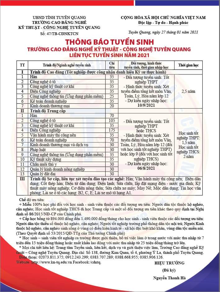 Trường cao đẳng nghề kỹ thuật - công nghệ Tuyên Quang thông báo tuyển sinh năm 2021