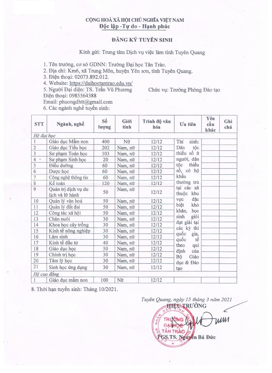 Thông báo tuyển sinh của trường đại học Tân Trào Tuyên Quang năm 2021