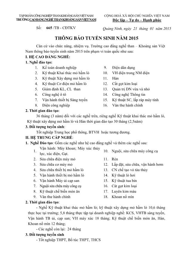 Trường Cao đẳng nghề Than - Khoáng sản Việt Nam tuyển sinh năm 2015