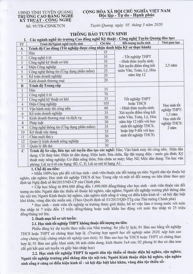 Trường cao đẳng nghề kỹ thuật - công nghệ Tuyên Quang thông báo tuyển sinh