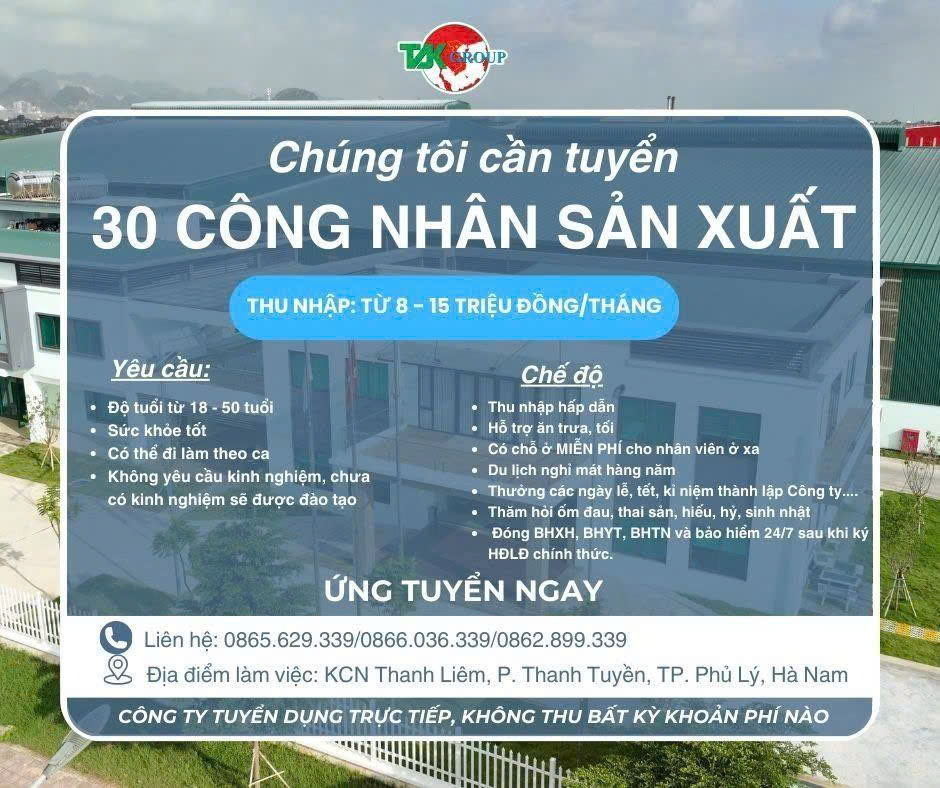 Tuyển dụng 30 công nhân sản xuất làm việc tại Phủ Lý, Hà Nam