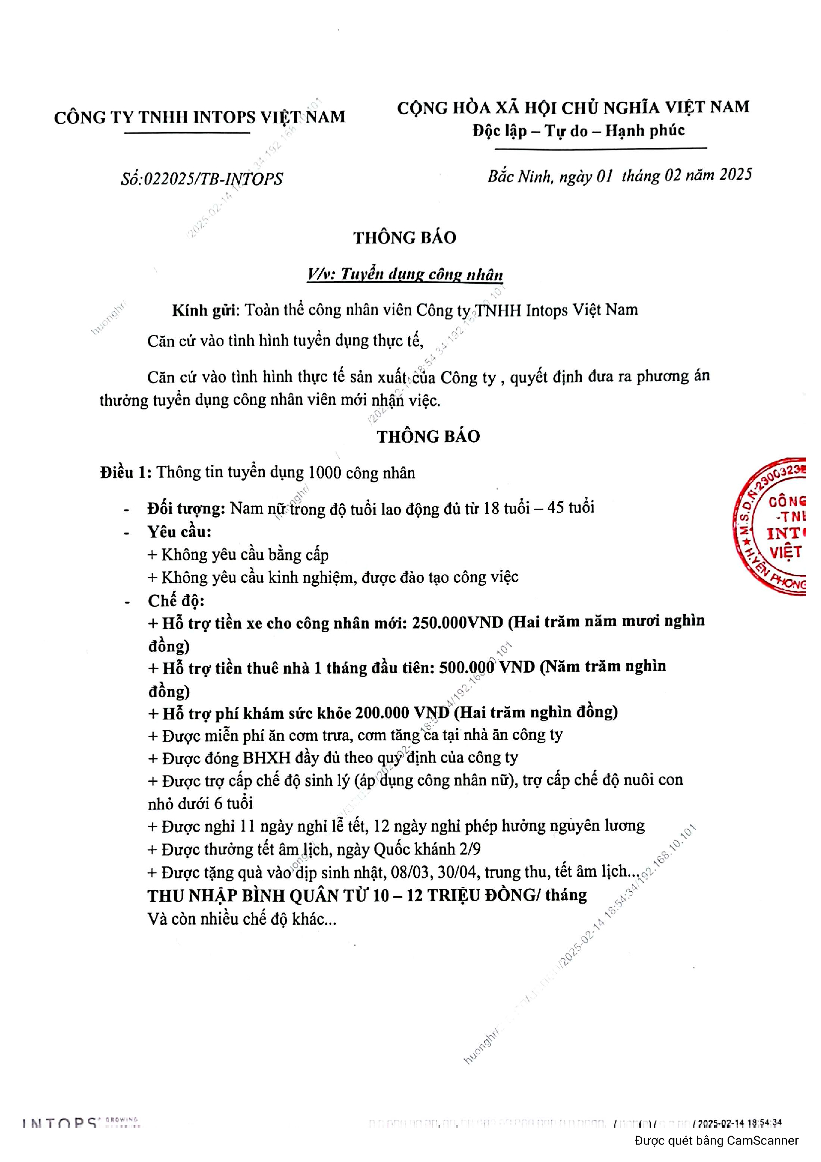 Tuyển dụng 1000 lao động đi làm việc tại Bắc Ninh