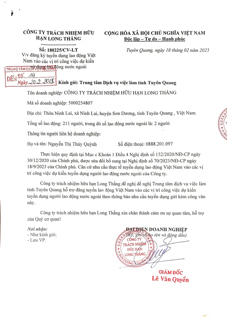 Thông báo tuyển dụng lao động Việt Nam vào các vị trí công việc dự kiến sử dụng lao động nước ngoài của Công ty TNHH Long Thắng