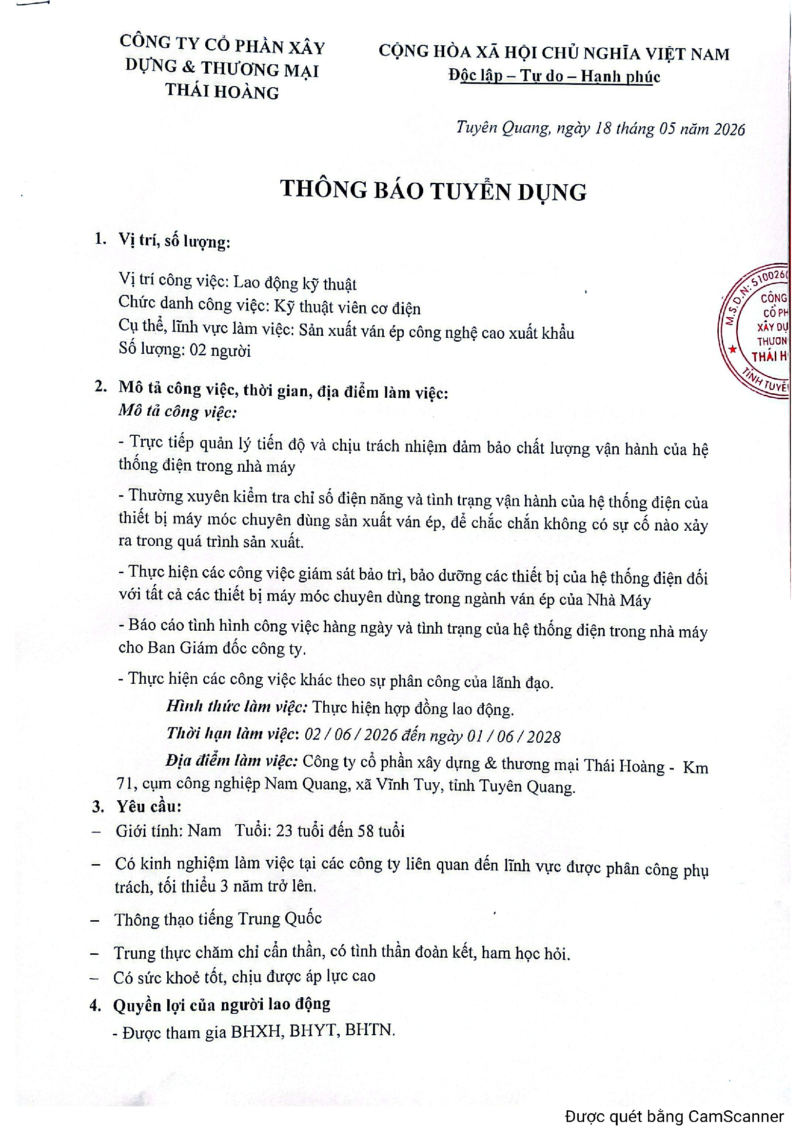 CÔNG TY CỔ PHẦN XÂY DỰNG & THƯƠNG MẠI THÁI HOÀNG THÔNG BÁO NHU CẦU TUYỂN DỤNG LAO ĐỘNG
